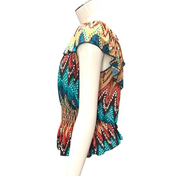 ACE Fashion Boho Peasant Blouse Festival Top Colorful Smocked Waist Ruffle Hem - Picture 3 of 11